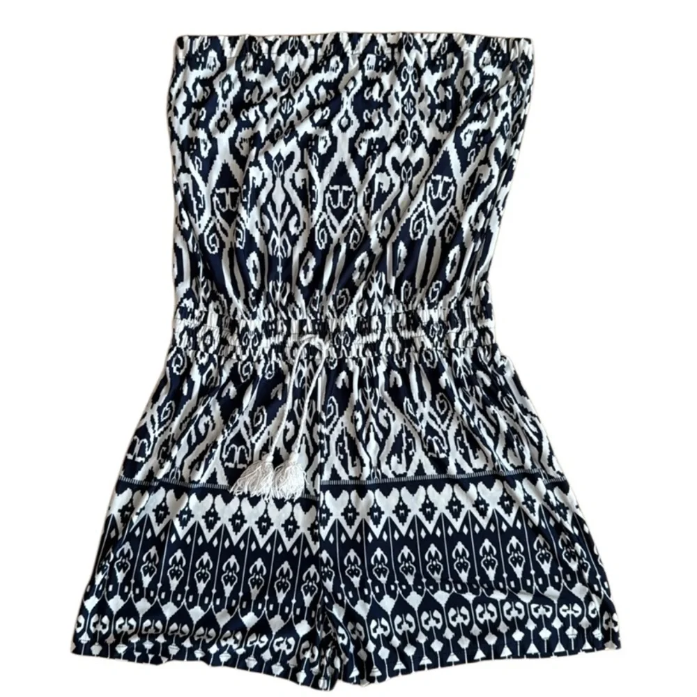 STRAPLESS TRIBAL PRINT NAVY WHITE ROMPER TIE WAIST SIZE L/XL